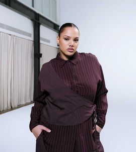 ASOS Curve ASOS DESIGN Curve wrap shirt in cutabout plum stripes - part of a set-Red
