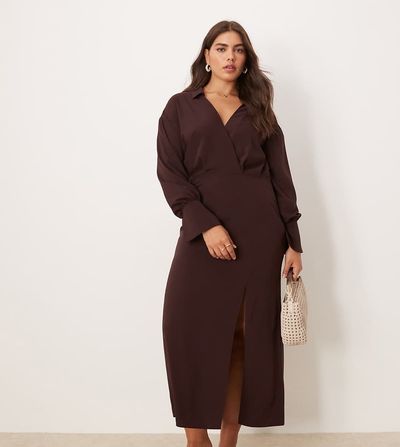 ASOS Curve ASOS DESIGN Curve wrap shirt midi dress with seaming details in chocolate-Brown