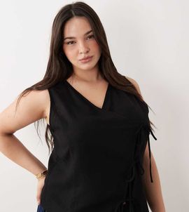 ASOS Curve ASOS DESIGN Curve wrap tie detail linen look vest in black - part of a set-Brown