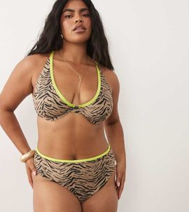 ASOS Curve ASOS DESIGN Curve Zaria high leg high waist bikini bottoms with contrast trim in zebra print-Multi