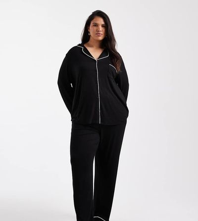ASOS Curve ASOS DESIGN Viscose Curve supersoft long sleeve pyjama set in black