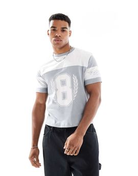 ASOS DESIGN ASOS cropped boxy oversized tshirt with sports graphic and paneling in gray