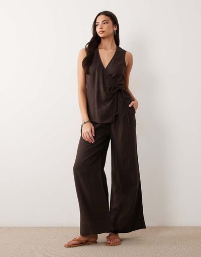 ASOS DESIGN ASOS DESIGN 100% linen wrap jumpsuit in chocolate-Brown