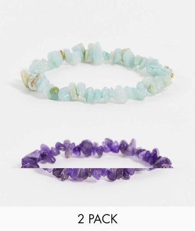 ASOS DESIGN ASOS DESIGN 2-pack beaded bracelet set in semi precious blue and purple pastel stones-Multi
