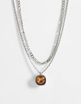 ASOS DESIGN ASOS DESIGN 2-pack waterproof stainless steel amber stone pendant necklaces in silver
