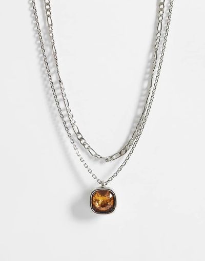 ASOS DESIGN ASOS DESIGN 2-pack waterproof stainless steel amber stone pendant necklaces in silver
