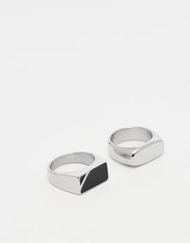 ASOS DESIGN ASOS DESIGN 2-pack waterproof stainless steel signet rings with black stone in silver tone