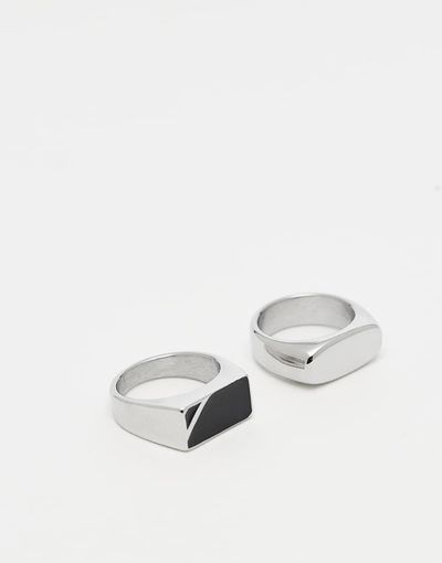 ASOS DESIGN ASOS DESIGN 2-pack waterproof stainless steel signet rings with black stone in silver tone