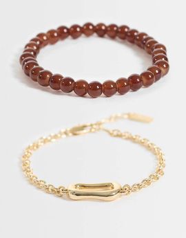 ASOS DESIGN ASOS DESIGN 2 pack beaded and molten link detail chain bracelet in gold-MULTI