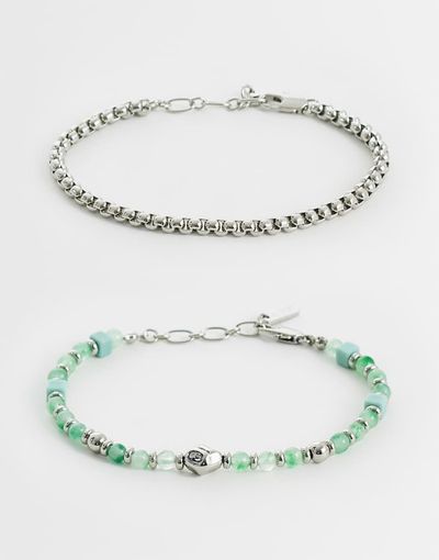 ASOS DESIGN ASOS DESIGN 2 pack green prehnite semi-precious square beaded and chain bracelet in silver