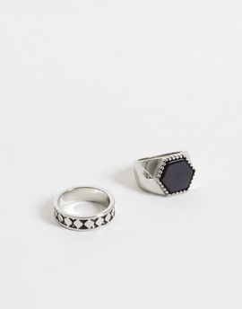 ASOS DESIGN ASOS DESIGN 2 pack hexagon black stone and pattern signet rings in silver