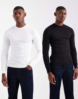 ASOS DESIGN ASOS DESIGN 2 pack muscle fit rib knit t-shirts in black and off white-Multi