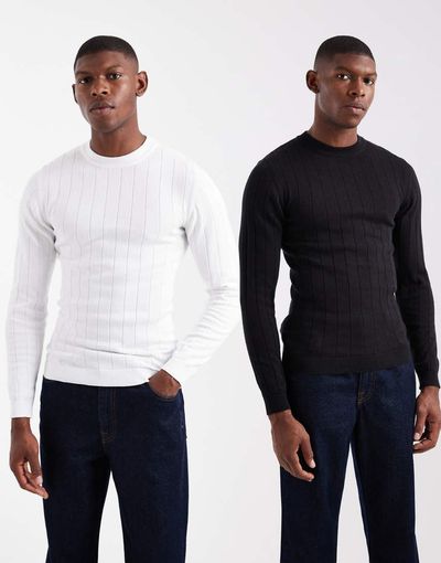ASOS DESIGN ASOS DESIGN 2 pack muscle fit rib knit t-shirts in black and off white-Multi
