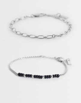 ASOS DESIGN ASOS DESIGN 2 pack oval link and black beaded rope chain bracelet in silver tone
