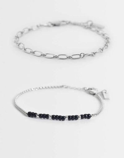 ASOS DESIGN ASOS DESIGN 2 pack oval link and black beaded rope chain bracelet in silver tone