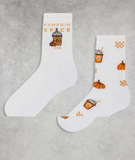 ASOS DESIGN ASOS DESIGN 2 pack socks with pumpkin spice graphics in white