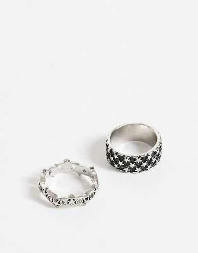 ASOS DESIGN ASOS DESIGN 2 pack star pattern ring in burnished silver