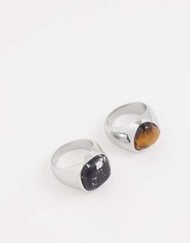 ASOS DESIGN ASOS DESIGN 2 pack tigers eye and black stone signet rings in silver tone