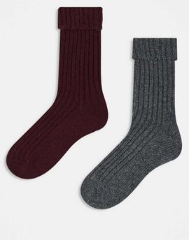 ASOS DESIGN ASOS DESIGN 2 pack wool boot ankle socks in burgundy and charcoal gray-Multi