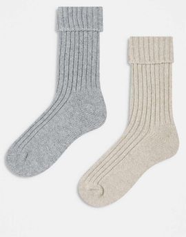ASOS DESIGN ASOS DESIGN 2 pack wool boot ankle socks in light gray and oatmeal-Multi