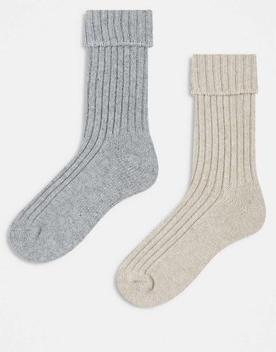 ASOS DESIGN ASOS DESIGN 2 pack wool boot ankle socks in light gray and oatmeal-Multi