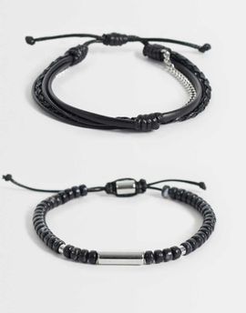 ASOS DESIGN ASOS DESIGN 3-pack black beaded and puller rope chain bracelet in silver