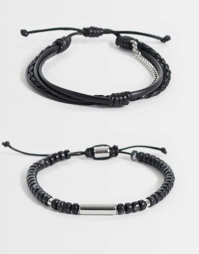 ASOS DESIGN ASOS DESIGN 3-pack black beaded and puller rope chain bracelet in silver