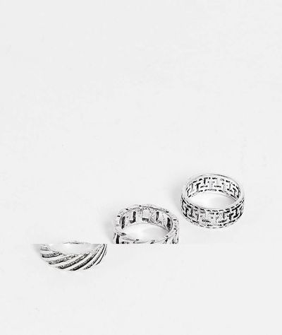 ASOS DESIGN ASOS DESIGN 3 pack band ring set with chain and greek wave in silver tone