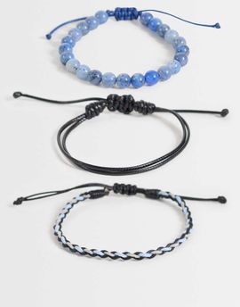 ASOS DESIGN ASOS DESIGN 3 pack blue beaded and faux leather braided bracelet in black