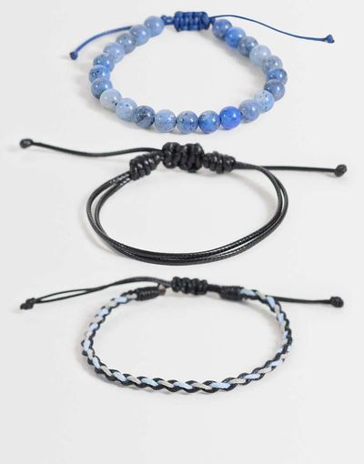 ASOS DESIGN ASOS DESIGN 3 pack blue beaded and faux leather braided bracelet in black