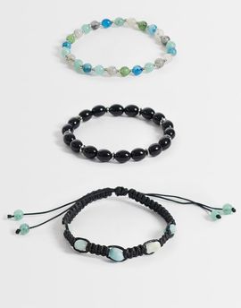 ASOS DESIGN ASOS DESIGN 3 pack blue beaded and semi-precious amazon stone chippings bracelets in black