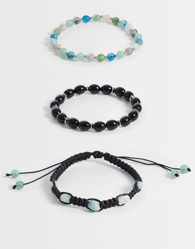 ASOS DESIGN ASOS DESIGN 3 pack blue beaded and semi-precious amazon stone chippings bracelets in black