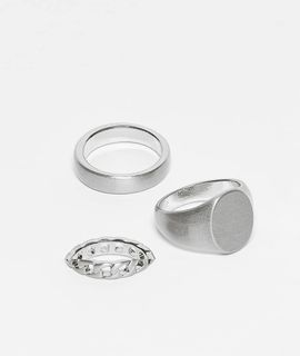 ASOS DESIGN ASOS DESIGN 3 pack brushed and chain signet rings in silver