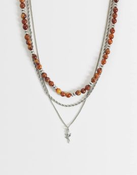ASOS DESIGN ASOS DESIGN 3 pack faux tigers eye beaded rose pendant necklace in silver tone