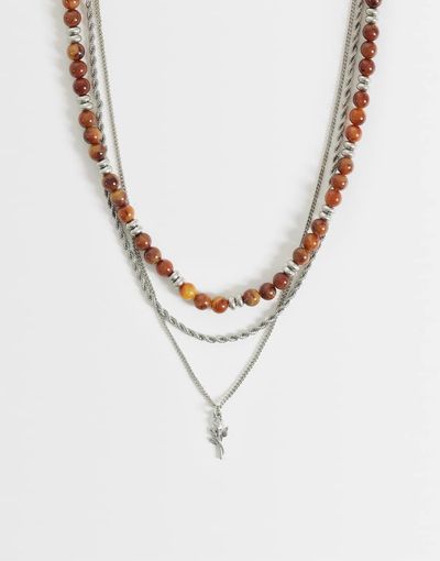 ASOS DESIGN ASOS DESIGN 3 pack faux tigers eye beaded rose pendant necklace in silver tone