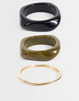 ASOS DESIGN ASOS DESIGN 3 pack of bangles in black and khaki resin and gold tone-MULTI