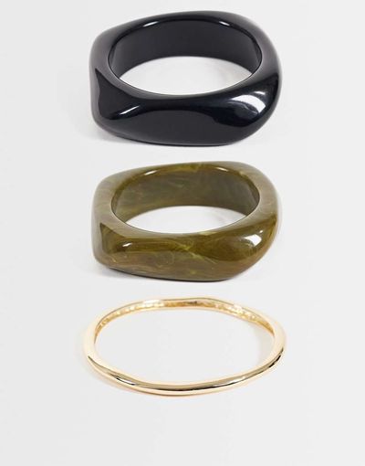 ASOS DESIGN ASOS DESIGN 3 pack of bangles in black and khaki resin and gold tone-MULTI