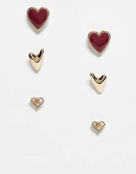 ASOS DESIGN ASOS DESIGN 3 pack of stud earrings with heart design in gold and burgundy enamel
