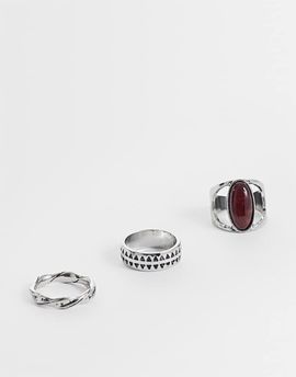 ASOS DESIGN ASOS DESIGN 3 pack red oval stone and twisted ring in silver