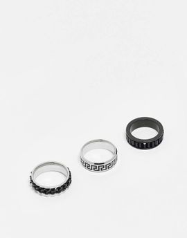 ASOS DESIGN ASOS DESIGN 3 pack stainless steel band rings with crystal design and chain in black and silver tone-Multi