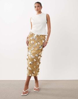 ASOS DESIGN ASOS DESIGN 3D flower embellished volume midi skirt in gold