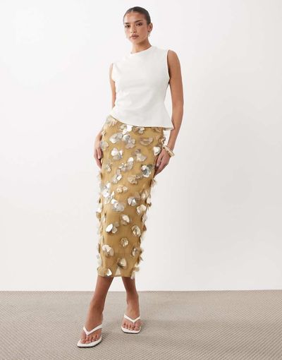 ASOS DESIGN ASOS DESIGN 3D flower embellished volume midi skirt in gold