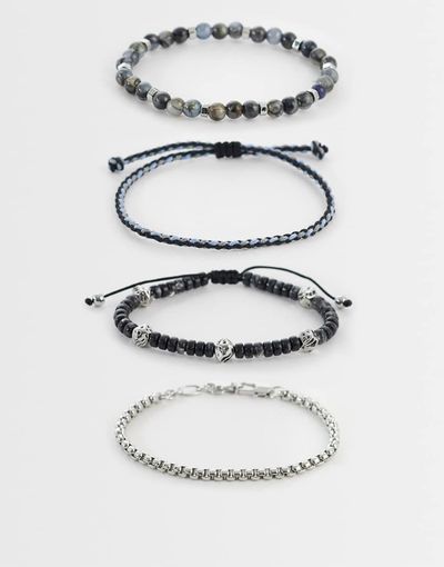 ASOS DESIGN ASOS DESIGN 4 pack beaded and chipping stone bracelet in multi-Black
