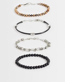 ASOS DESIGN ASOS DESIGN 4 pack black faux leather and beaded bracelet in brown