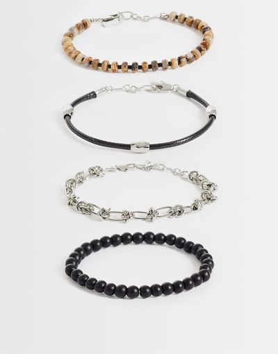 ASOS DESIGN ASOS DESIGN 4 pack black faux leather and beaded bracelet in brown
