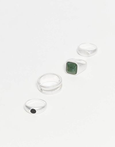 ASOS DESIGN ASOS DESIGN 4 pack chunky style rings with semi-precious moss and black agate ss in brushed silver