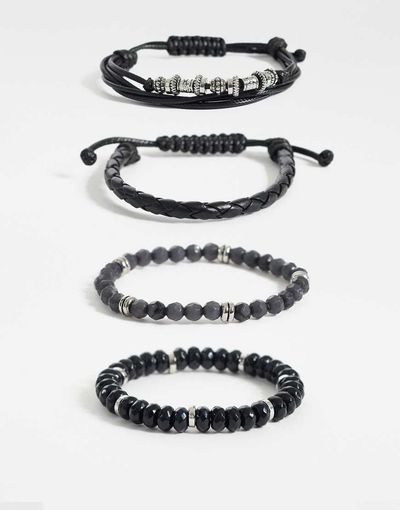 ASOS DESIGN ASOS DESIGN 4 pack faceted bead and fabric bracelet in black