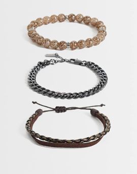 ASOS DESIGN ASOS DESIGN 4 pack light brown beaded chain and faux leather strap bracelet in gunmetal silver