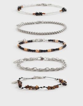 ASOS DESIGN ASOS DESIGN 5 pack semi-precious tigers eye and obsidian chippings and seedbead bracelet in multi-Silver