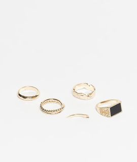 ASOS DESIGN ASOS DESIGN 5 pack tigers eye and black agate semi-precious rings in gold